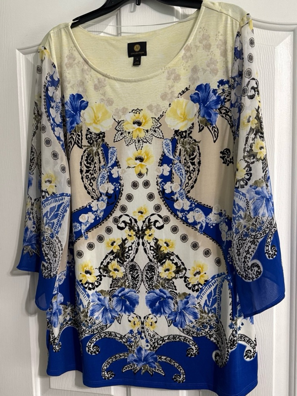 JM Collection Blue, Yellow & Cream Floral Scoop Neck Tunic